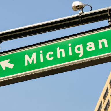 Green street sign pointing left to Michigan.