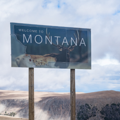 Welcome sign for Montana featuring a deer graphic and scenic background.